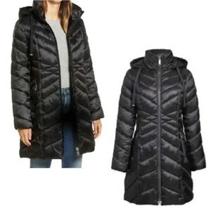 Sam Edelman Walker Hooded Black Long Quilted Puffer Coat Removable Hood